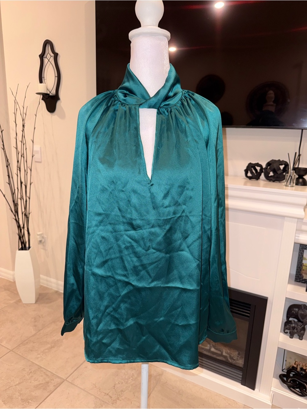 Rachel Zoe Teal Satin Tie-Neck Blouse Size M